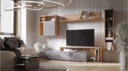 Шкаф со стеклом Даллас, Цемент темный/дуб вотан